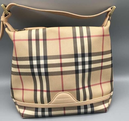Burberry Shoulder Bag Canvas Leather Beige Womens Plaid Zip Pockets Handbag