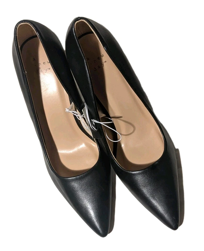 A NEW DAY TARA Mujer Tacones Cómodos 10 Zapatos de salón suaves Negros Imitación Cuero Punta Foto 4 de 4