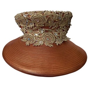 Vintage Shellie McDowell NY Copper Metallic Dress Hat Gold Lace Rhinestones