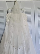 David's Bridal Strapless A-Line Wedding Dress White Beading Veil Bustier