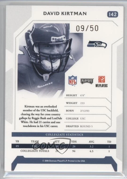 2006 Playoff NFL Playoffs Gold Signature Proof /50 David Kirtman Rookie Auto RC - Image 2 of 2