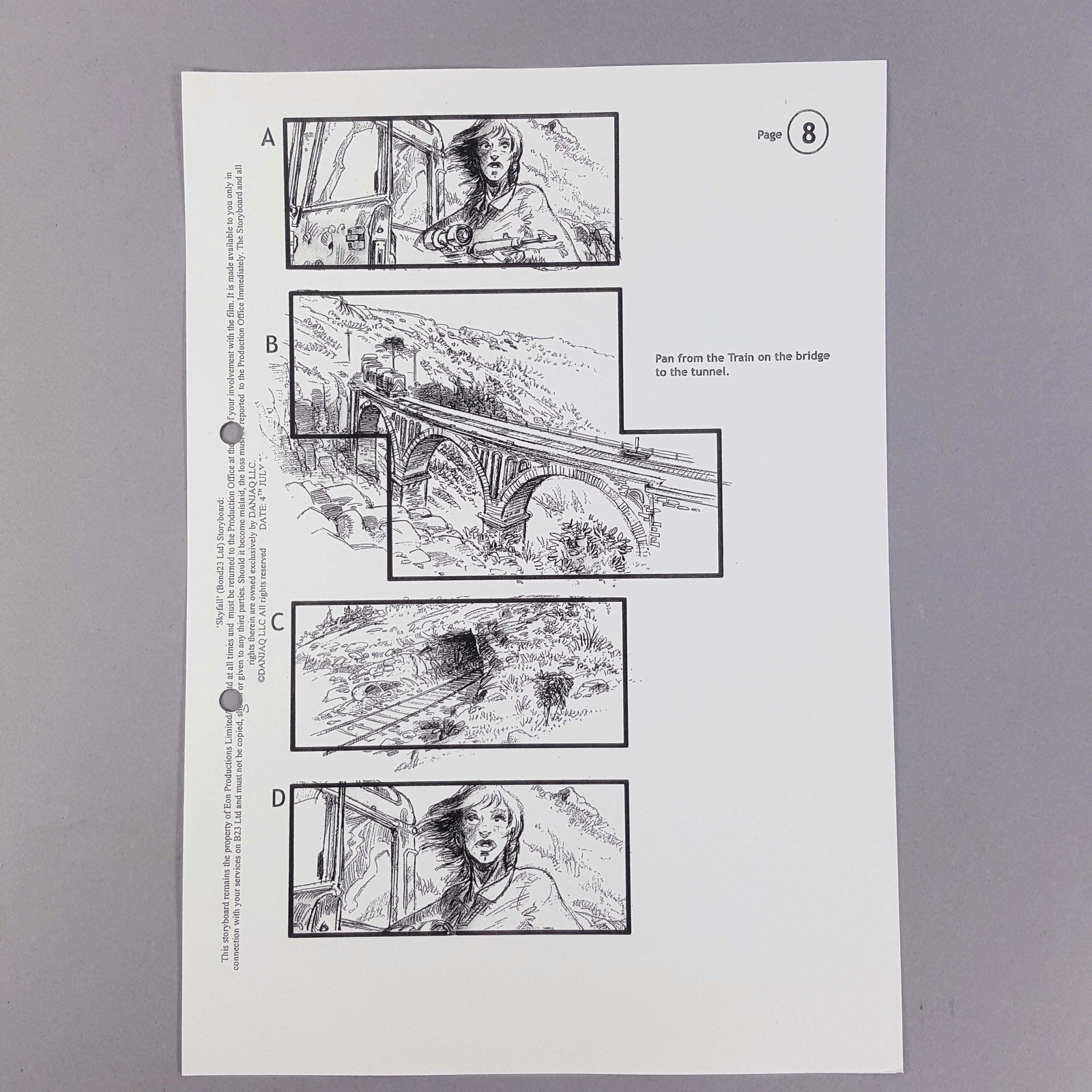 James Bond Skyfall Storyboard Eve Spots Train Crossing Bridge, Prop COA