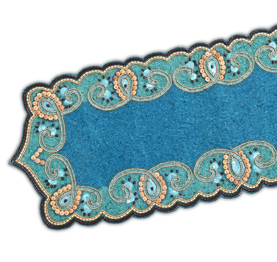 Luxury Beads Table Runner, Blue Designer Table Runner, Wedding Tableware 13X36In - Image 3 of 4