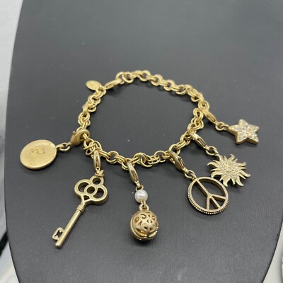 Lia Sophia Star Key Multi Charm Bangle Chain Bracelet Gold Tone