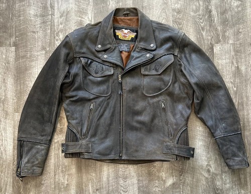 Harley Davidson Men's Billings Distressed Brown Leather Jacket Winged HD Logo XL