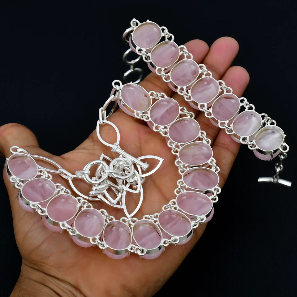 Bello Quarzo Rosa Gemma Collana e Bracciale 925 Solido Argento Gioielli Regalo - Immagine 3 di 4