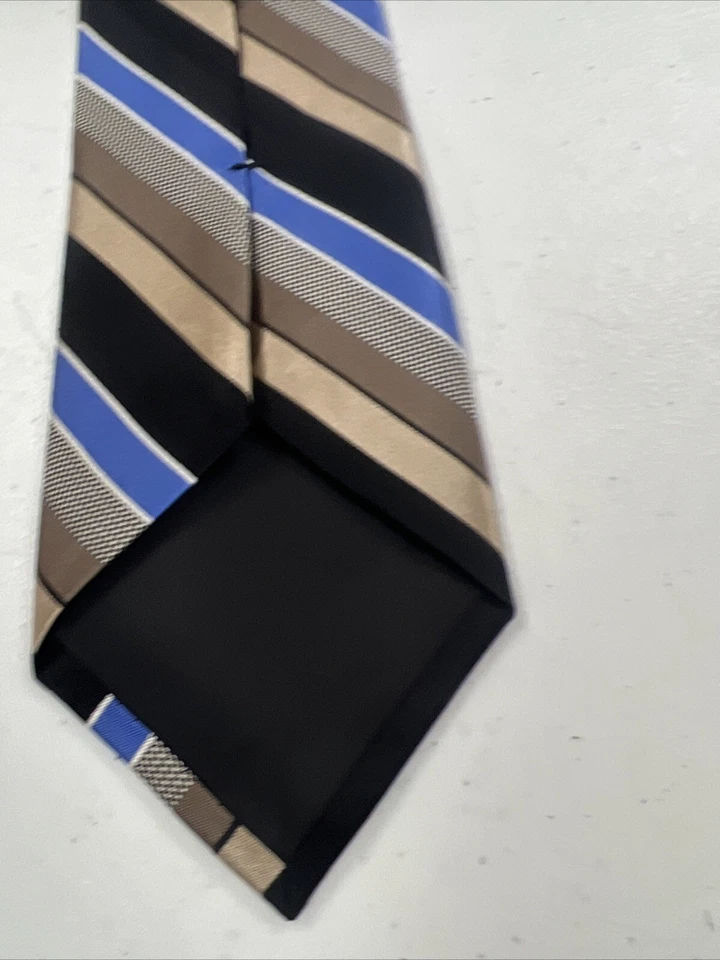 Corbata de cuello Michael Kors para hombre negra marrón y azul a rayas de seda $89 Foto 4 de 4