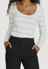 228 Veronica Beard Women White Striped Scoop Neck Long Sleeves Knit Top Size L