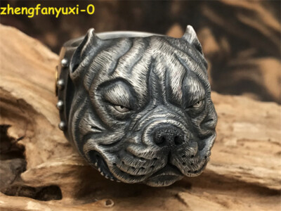 Sterling Silver Pitbull Dog Biker Ring For Men - Solid 925 Silver, Sizes 7 To 14, Punk Style Jewelry