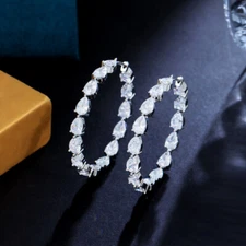 Silver Plated Cubic Zirconia Party Round Big Drop Loop Hoop Earrings for Women