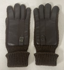 Vintage Womens Gloves Brown Acrylic Knit Faux Leather Accent