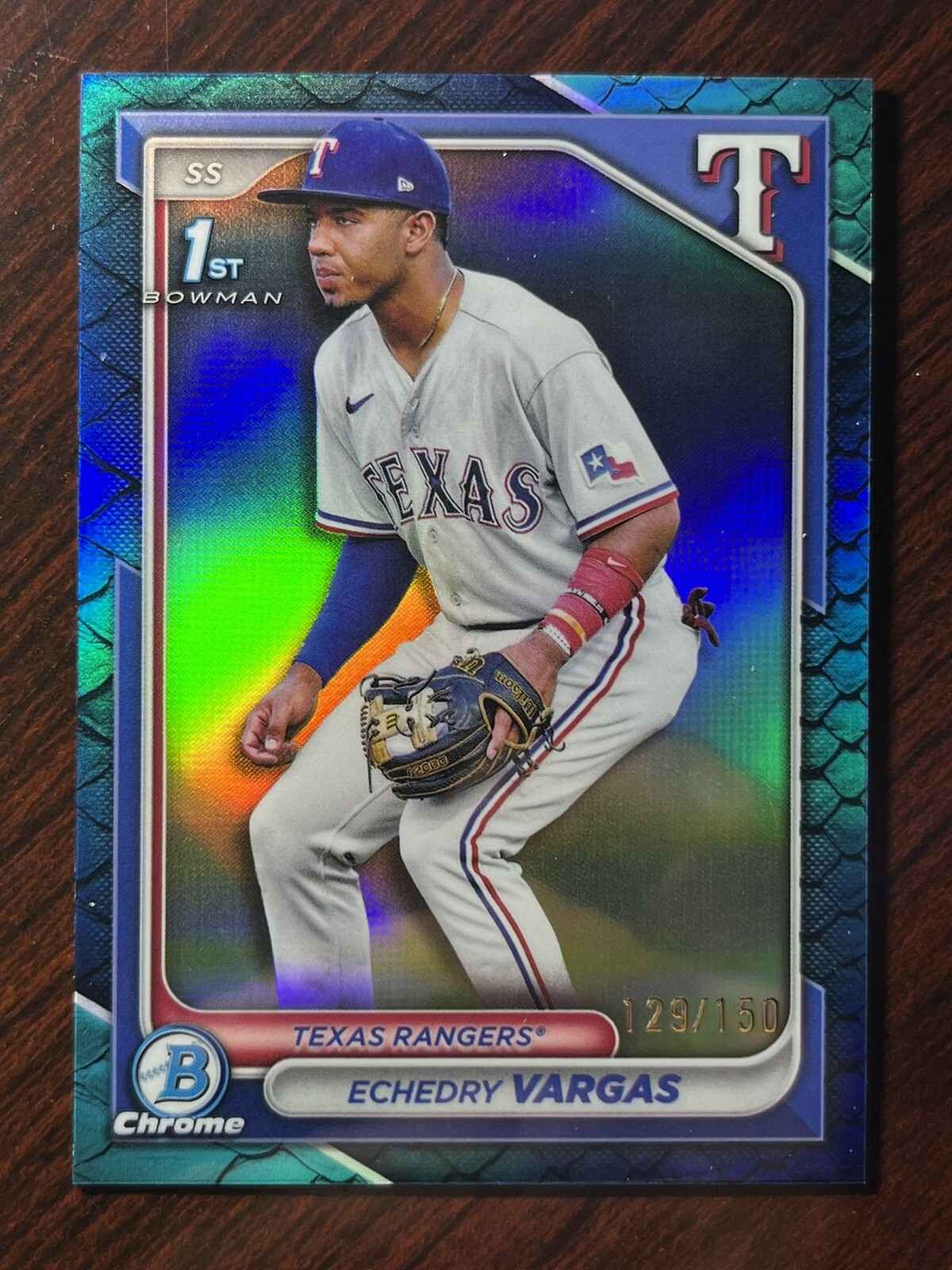 2024 Bowman Chrome Echedry Vargas 1st Blue Reptilian Refractor #/150 Rangers