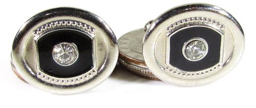 Silberfarbene Manschettenknöpfe oval mit klarem Strass Akzent in schwarzer Intarsie - Bild 3 von 10