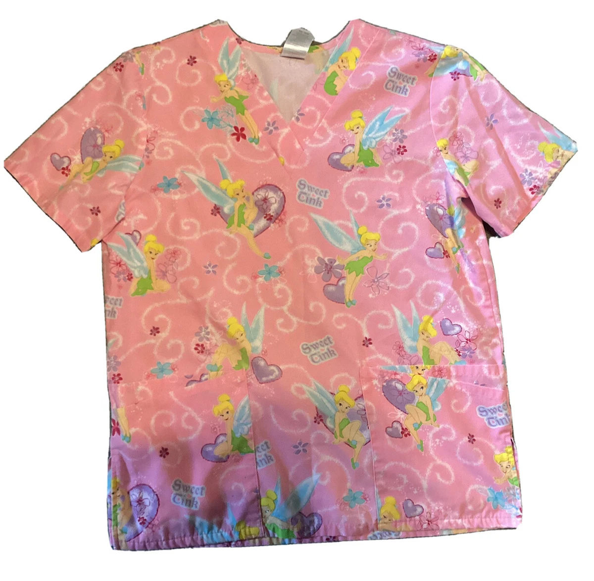 Disney Small S Scrub Top Tinkerbell Pink Double Pockets V Neck Sweet Tink EUC