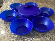 Tupperware Legacy Soup Server Bowl 1.8L & 6 small bowls 400ml Blue NOS