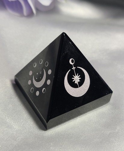 1.7" Black Obsidian Sphere Crystal Pyramid Silver Engraved Moon & Stars Wiccan - Picture 4 of 14