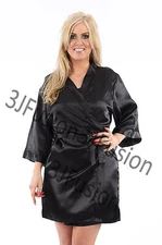 BLACK SATIN SEXY DRESSING GOWN ROBE WRAP KNEE LENGTH KIMONO FREE POSTAGE