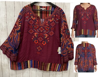 NWT John Mark Plus Size 2X Floral Embroidered 3/4 Bell Sleeve  Tunic MSRP $129