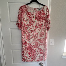 Mango Women's Red White Paisley Round Neck Short Sleeve Pencil Dress Size M