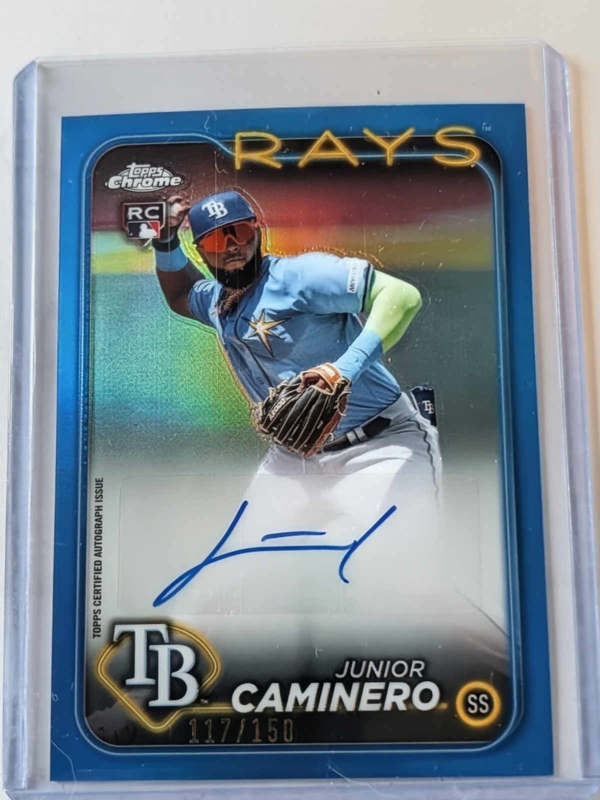 2024 Topps Chrome Update Junior Caminero Blue Refractor Rookie RC Auto 117/150