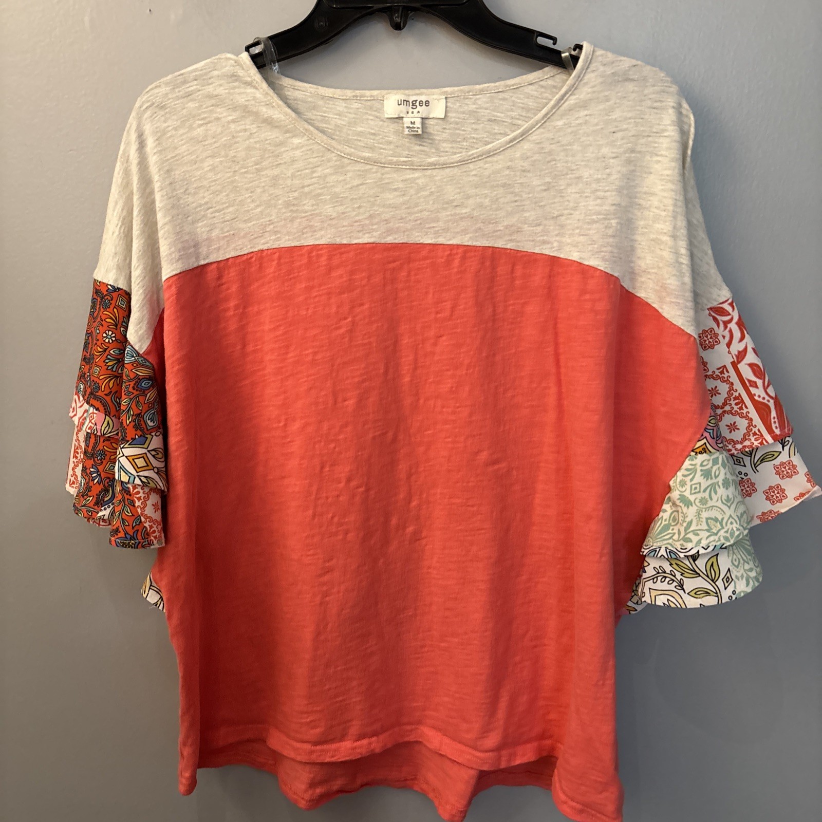 Umgee Boho Top Orange Patchwork Flutter Sleeves P… - image 1