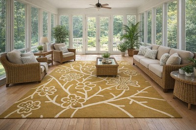 Hand Tufted Wool Area Rug Floral Design Mustard Yellow & Ivory Modern Carpet
