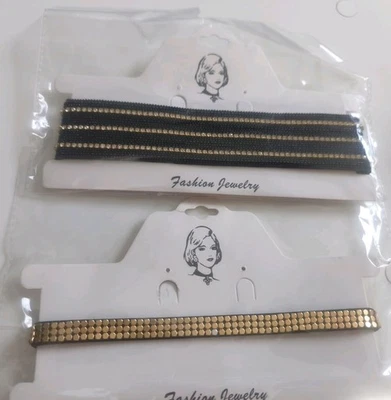 2er Set Choker Halsketten / Halsbänder – Schwarz & Gold, Gothic Punk Strass, NEU - Bild 1 von 4