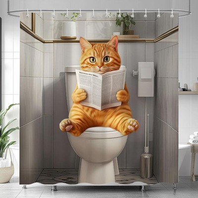 Lindo gato gracioso sentado en el inodoro leyendo el periódico (183 x 183 cm)