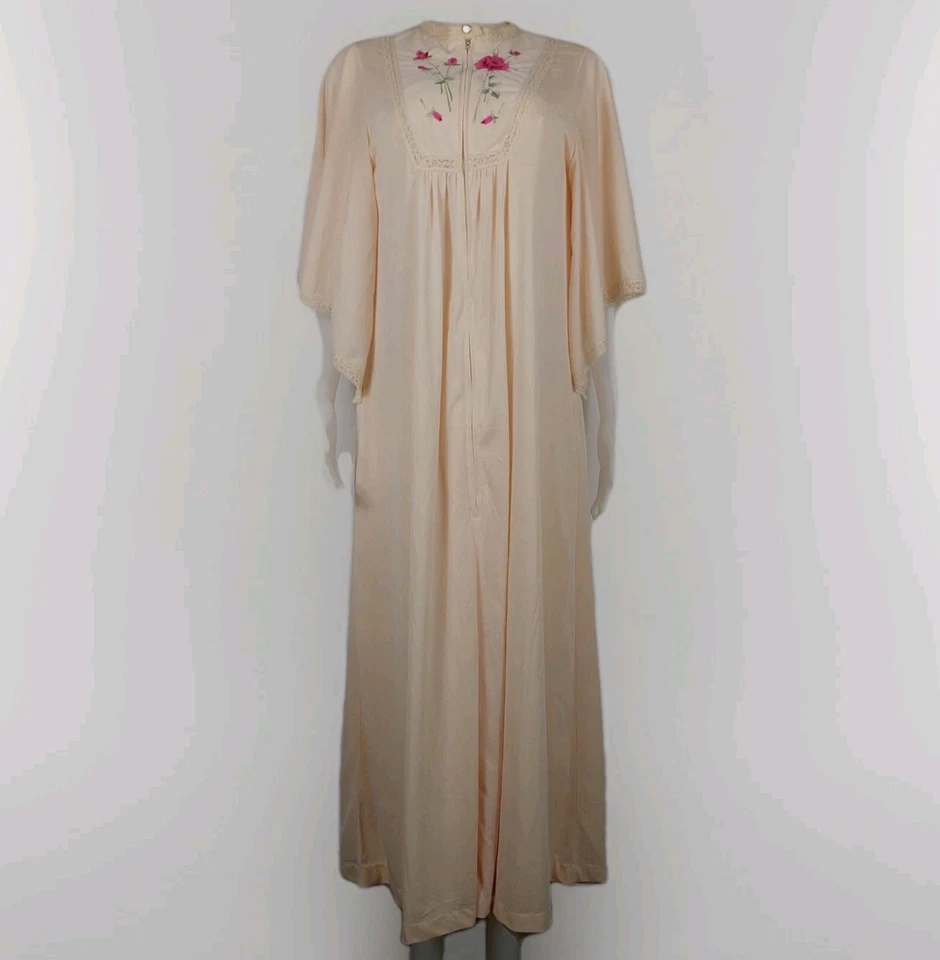 Camisón y bata vintage años 70 Gilead Peignoir talla M largo rosa melocotón floral bordado Foto 3 de 4
