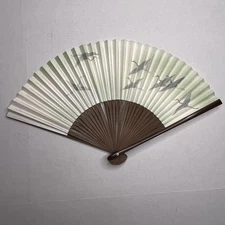 Oriental Folding Hand Fan Flying Cranes Birds Bamboo Wood Decor Vintage