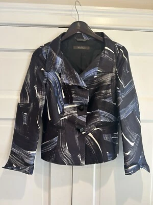 Max Mara Pianoforte Italy Silk Blue Abstract Print Blazer Jacket Sz 8 EUC