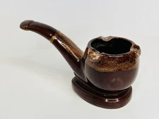 Vtg Ceramic Ashtray Planter Smoking Tobacco Pipe Drip Glaze Brown 9"x5" MCM