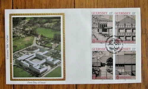 MODERN ARCHITECTURE 4 STAMP SET 1987 GUERNSEY COLORANO SILK CACHET FDC