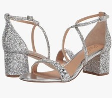 WOMEN'S JEWEL BADGLEY MISCHKA CLAUDIA SILVER GLITTER HEELED SANDALS, SIZE 8 NIB