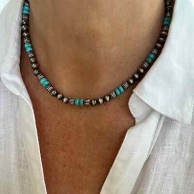 Real 6mm Blue Kingman Arizona Turquoise Sterling Silver Navajo Pearls Necklace