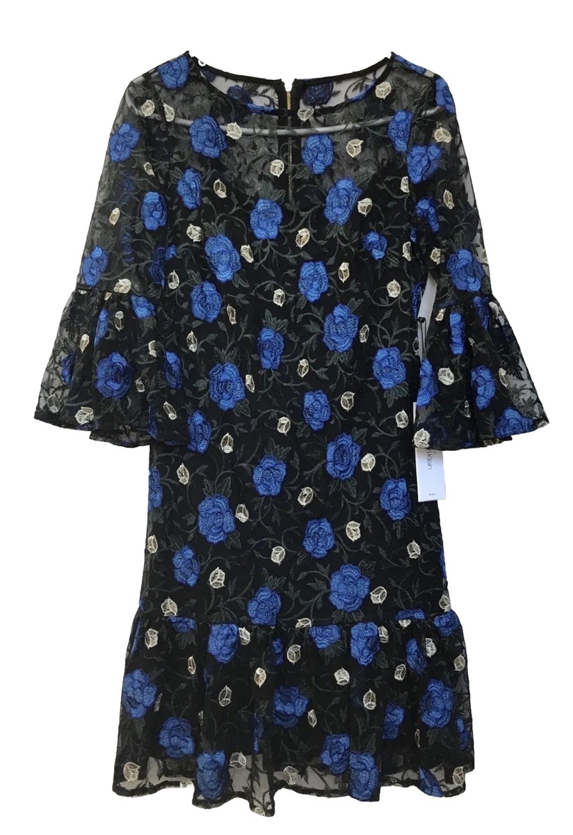Calvin Klein dress 4 lace black-blue floral Fit/flare Bell Sleeve  Embroidered
