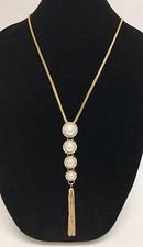 NEW PUNCH GOLD TONE,FAUX WHITE PEARL,CRYSTAL,CHARM,TASSEL,SNAKE CHAIN, NECKLACE 