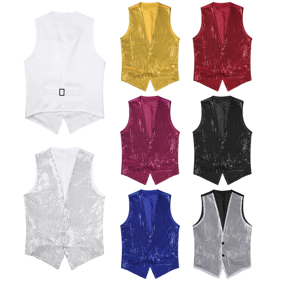 Men Women Glittery Sequin Vest Top Button Sleeveless Dance Performance Waistcoat - Image 3 of 3
