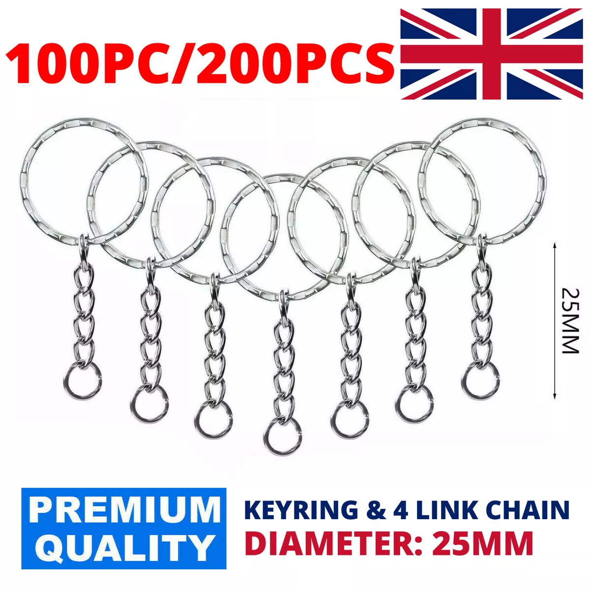 100 200 PCS 50MM SILVER SPLIT KEY RING BLANKS TONE KEY CHAINS RINGS 4 LINK CHAIN