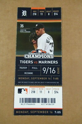 DETROIT TIGERS VS SEATTLE MARINERS 9/16/2013 FULL TICKET ~ RICK PORCELLO 10K's