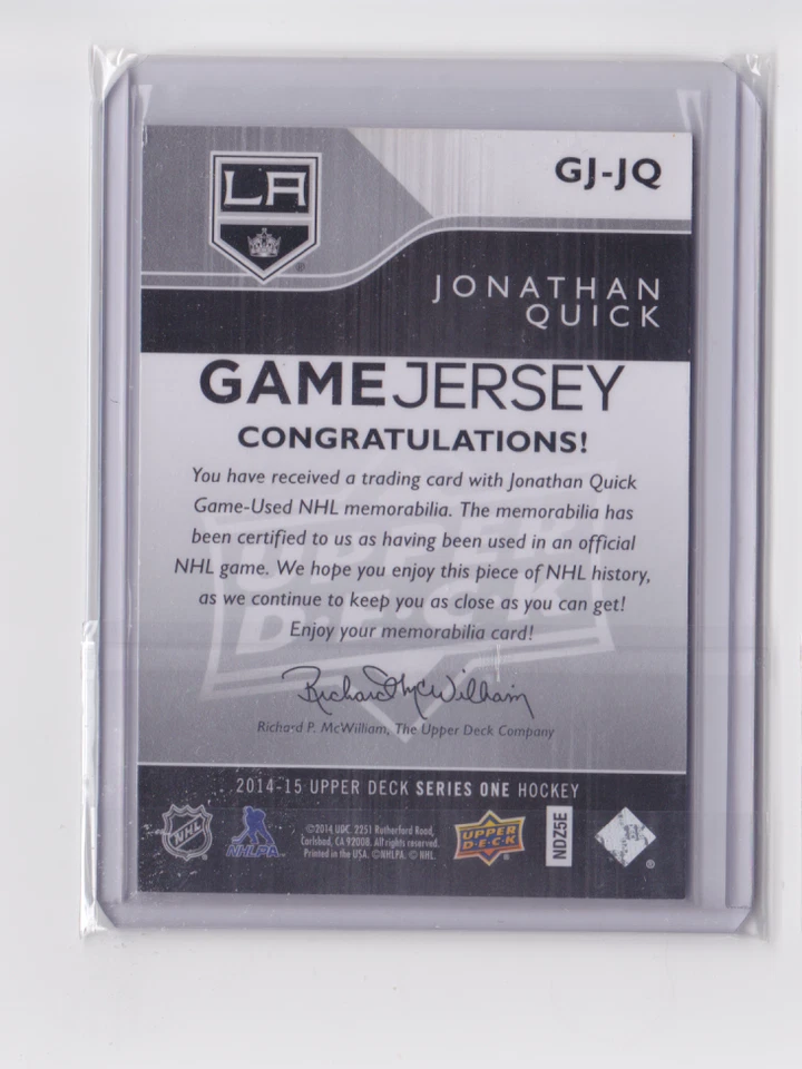 2014-15 UPPER DECK SERIES 1 GAME USED JERSEY JONATHAN QUICK #GJ-JQ L.A KINGS - Image 2 of 2