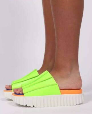 4ccccees Free People Sandals Pleats Thank You Slides Green Platform 37 US 6 New