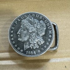 E Pluribus Unum 1884 Liberty Silver Tone Metal Belt Buckle VINTAGE UNIQUE Rare