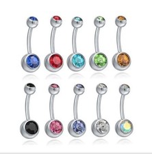 316L Surgical Steel Belly Bar Navel Button Ring Double Crystal Gem Body Piercing