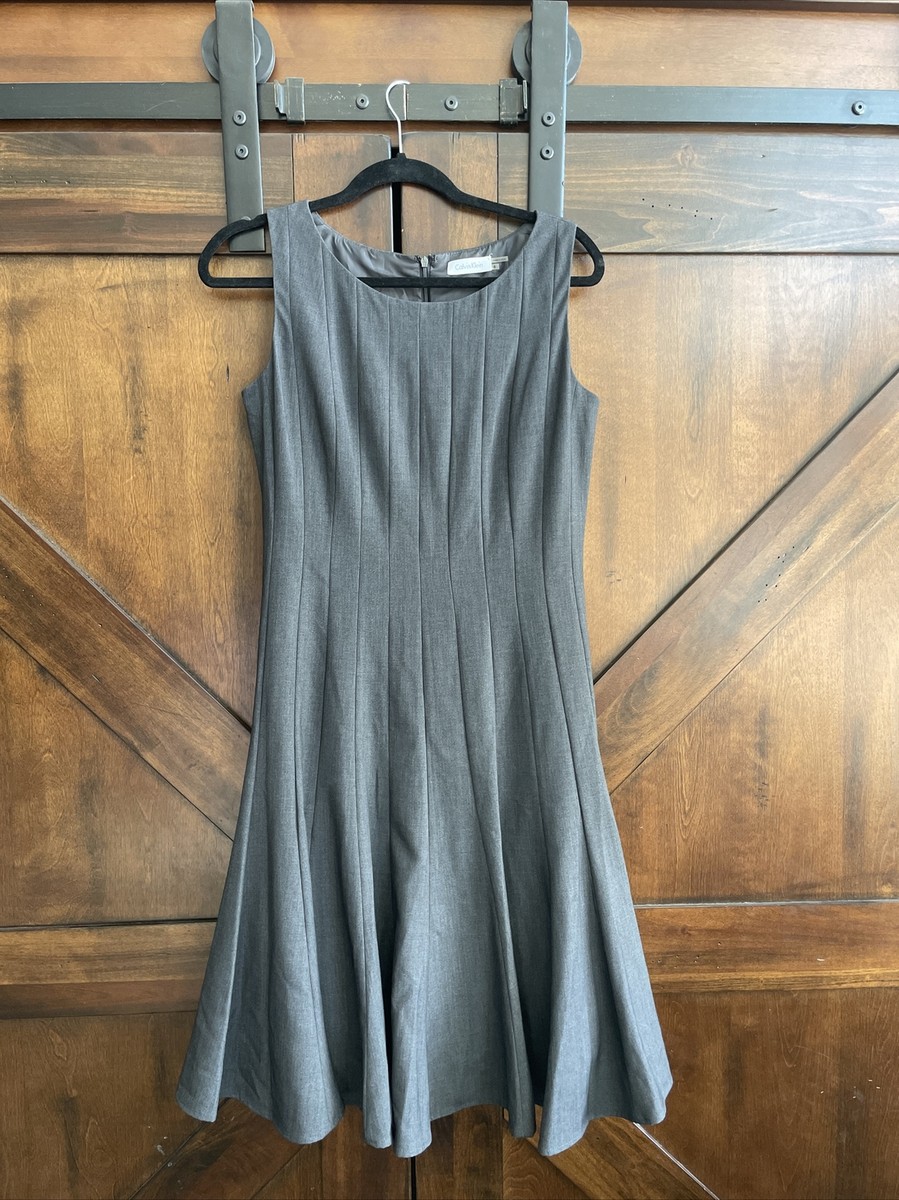 calvin klein women's sleeveless round neck fit and flare dress Calvin Klein Womens Chevron Work Midi Dress Brown 12