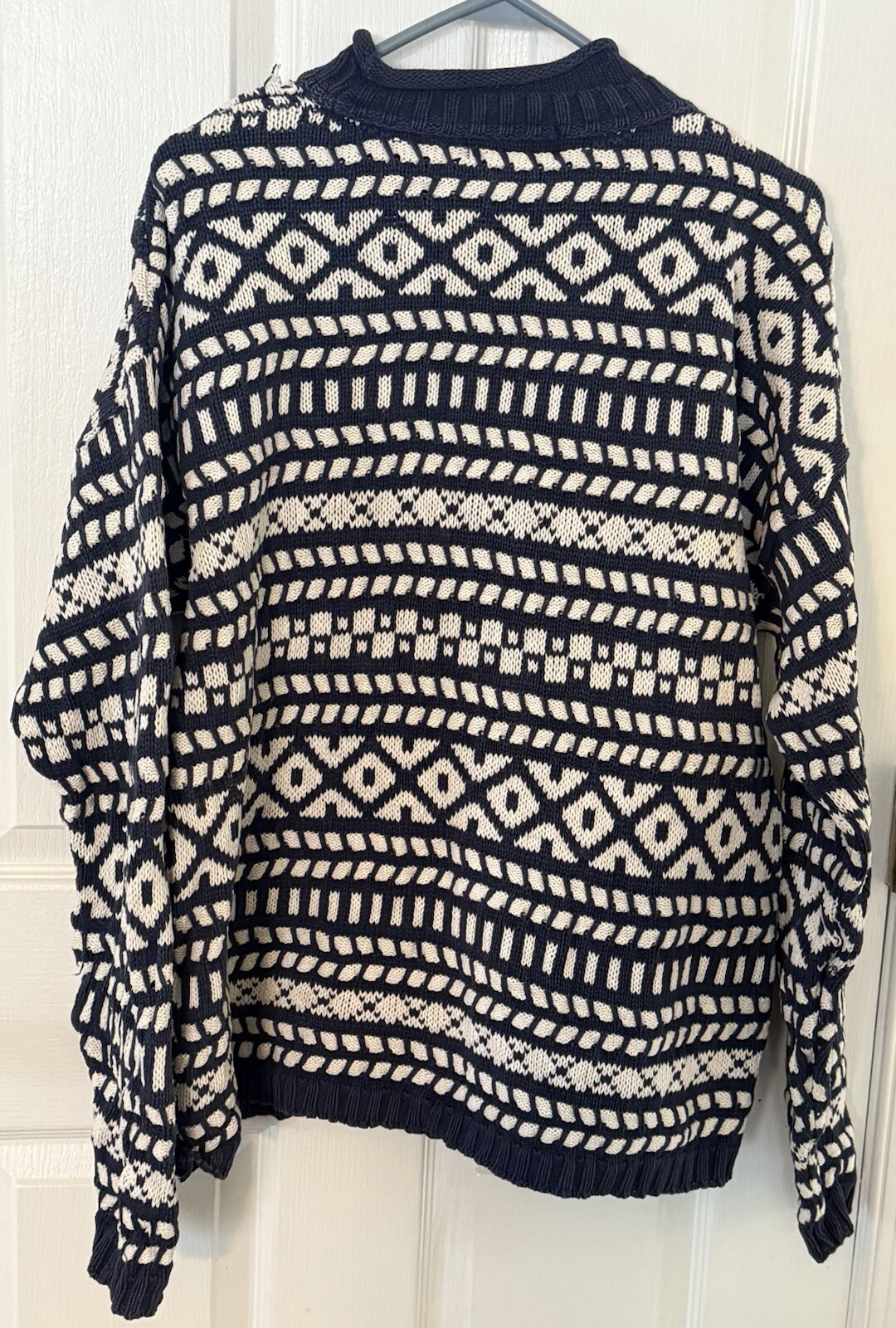 Vintage Eddie Bauer Chunky Cotton Sweater Mock Neck Abstract Pattern Blue White image 3