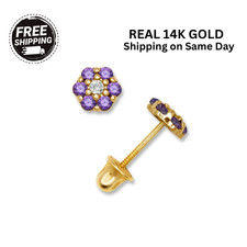 14K Yellow White Gold Beautiful CZ Flower Stud Earrings for Girls