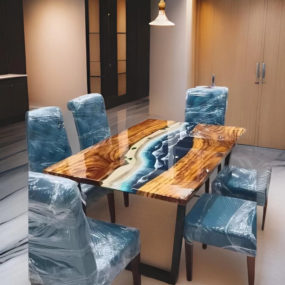 Mesa de río epoxi rectangular hecha a mano | Madera de borde vivo y resina azul del océano | Foto 3 de 4