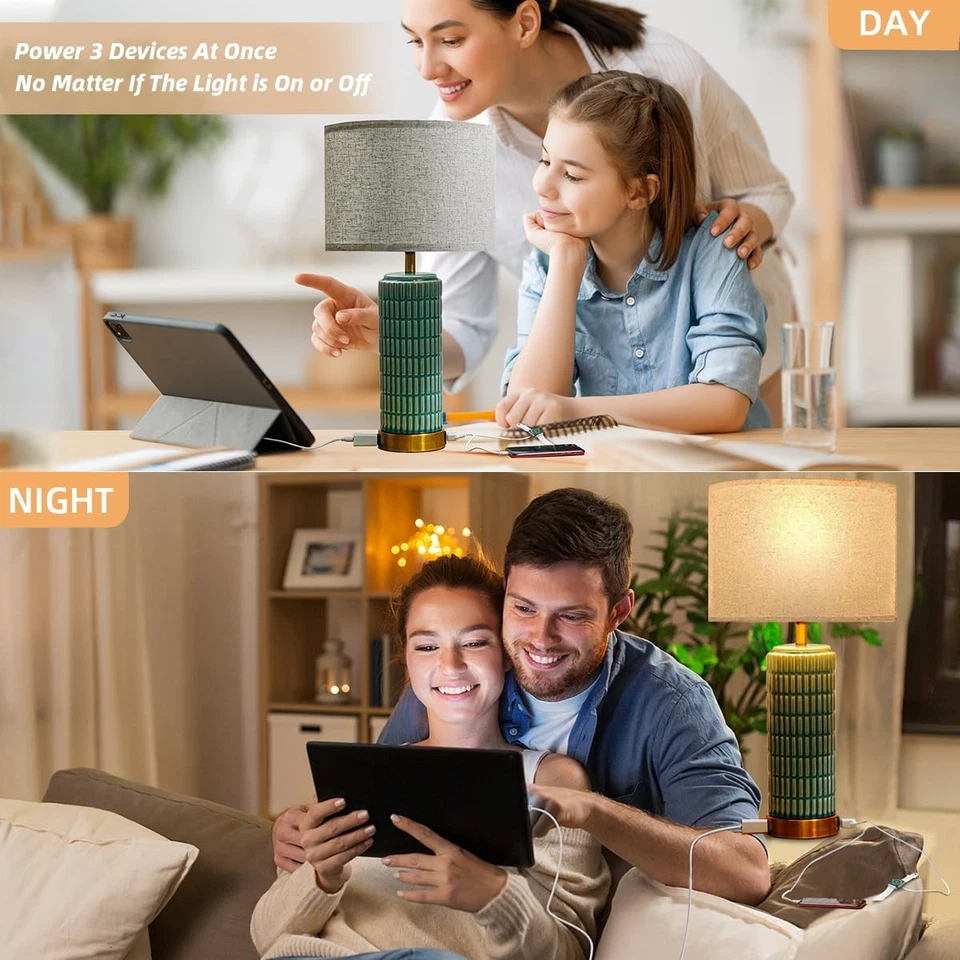 Lámparas de mesa de cerámica verde con puerto USB de carga y toma de corriente, 3 vías regulables a... Foto 4 de 4