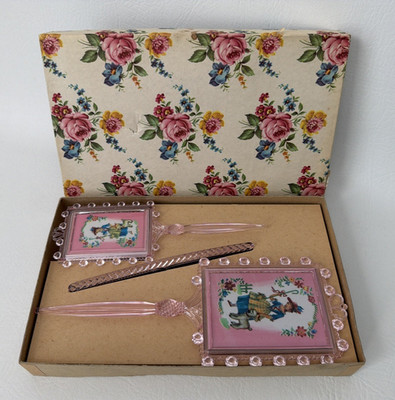 Vintage 50's Girl's Plastic Vanity Mirror Brush Comb Boxed Set Little Bo Peep